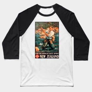 Fly Fishing in New Zealand - Vintage Travel Poster Design Baseball T-Shirt